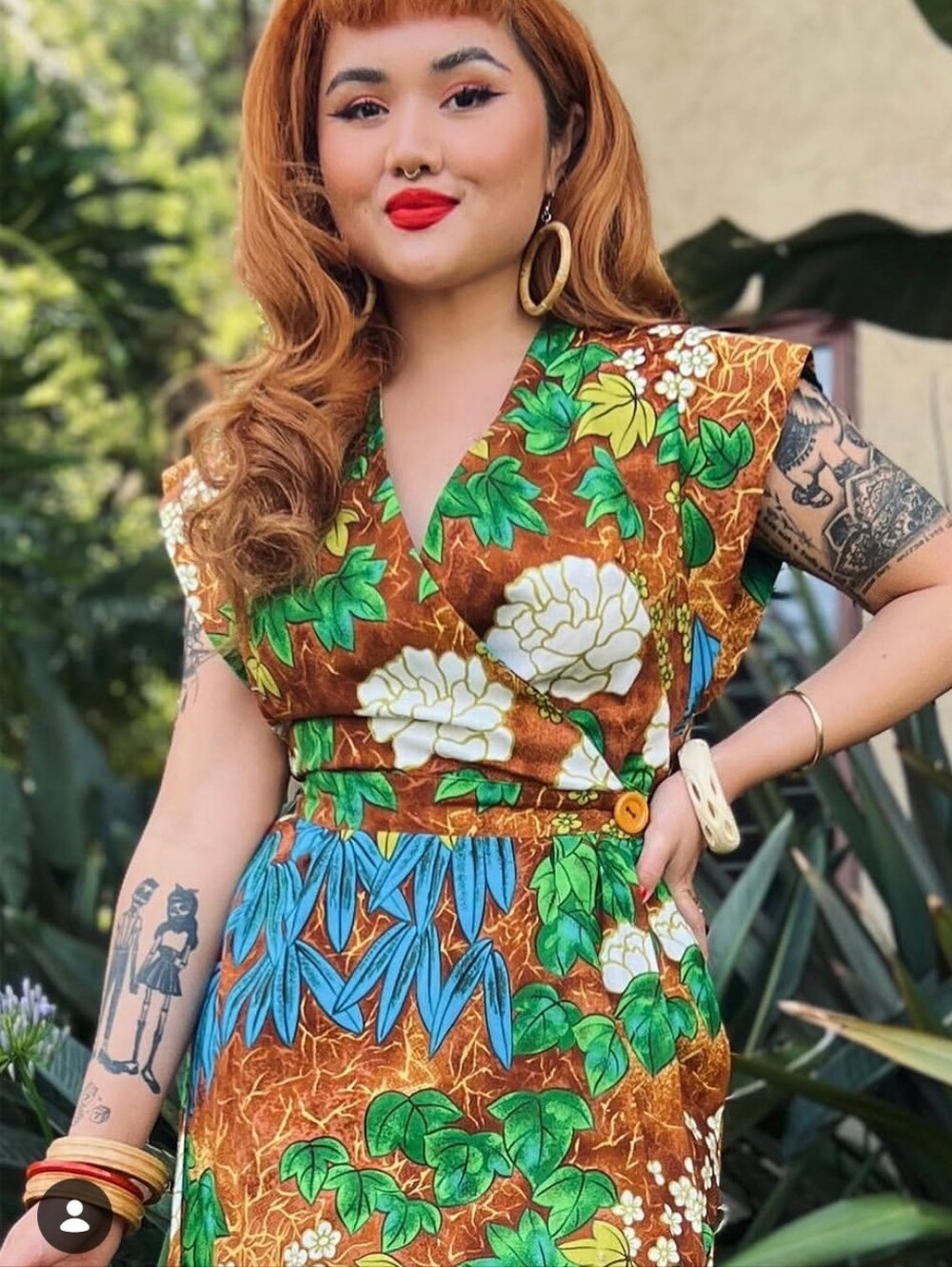 Floral Brown Midi Wrap Dress with Green & Blue Botanical Print
